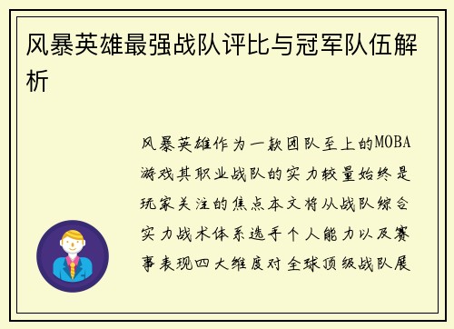 风暴英雄最强战队评比与冠军队伍解析